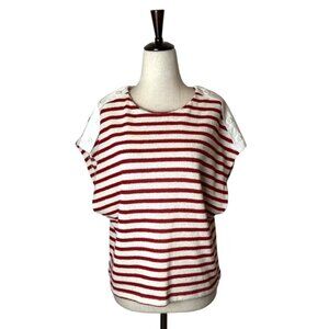 Zara Shirt Women Medium Red White Striped Knit Button‎ Shoulder Top Coastal